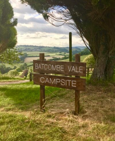 Batcombe Vale Campsite Wooden sign at entrance