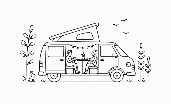 Line illustration of a couple relaxing inside a campervan with fairy lights, surrounded by trees and wildlife at Batcombe Vale adult only campsite Somerset