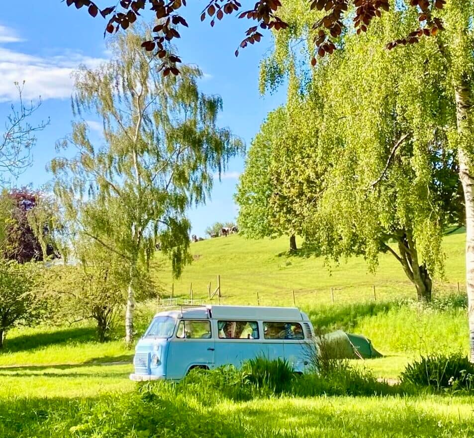 ampervan on peaceful grass pitch at Batcombe Vale adult-only campsite in Somerset countryside near Bruton