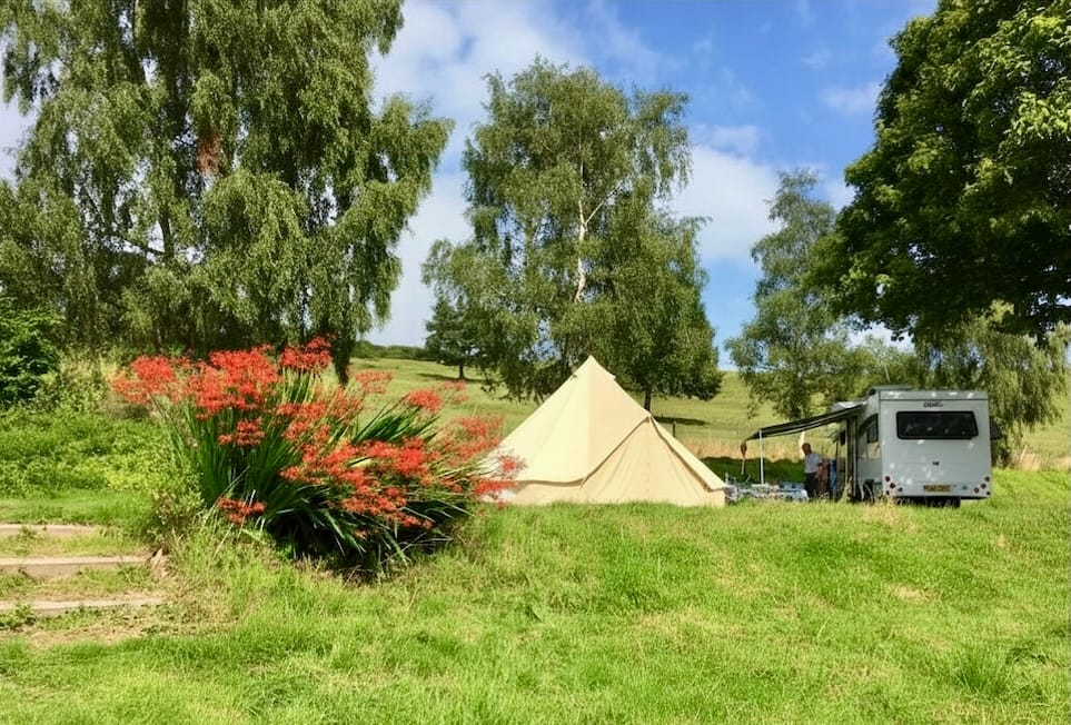Bell tent and motorhome pitched on lush grass at Batcombe Vale adult-only campsite in Somerset, surrounded by silver birch trees and red crocosmia flowers with rolling green hills in the background.
